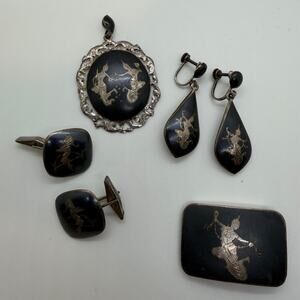 Vintage Set SIAM NIELLO 925 Sterling Silver Necklace Pin Earring goddess cufflin